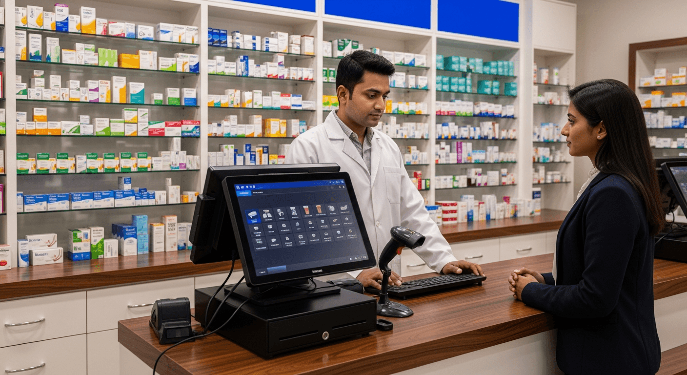 Modern Indian pharmacy with digital POS and inventory system