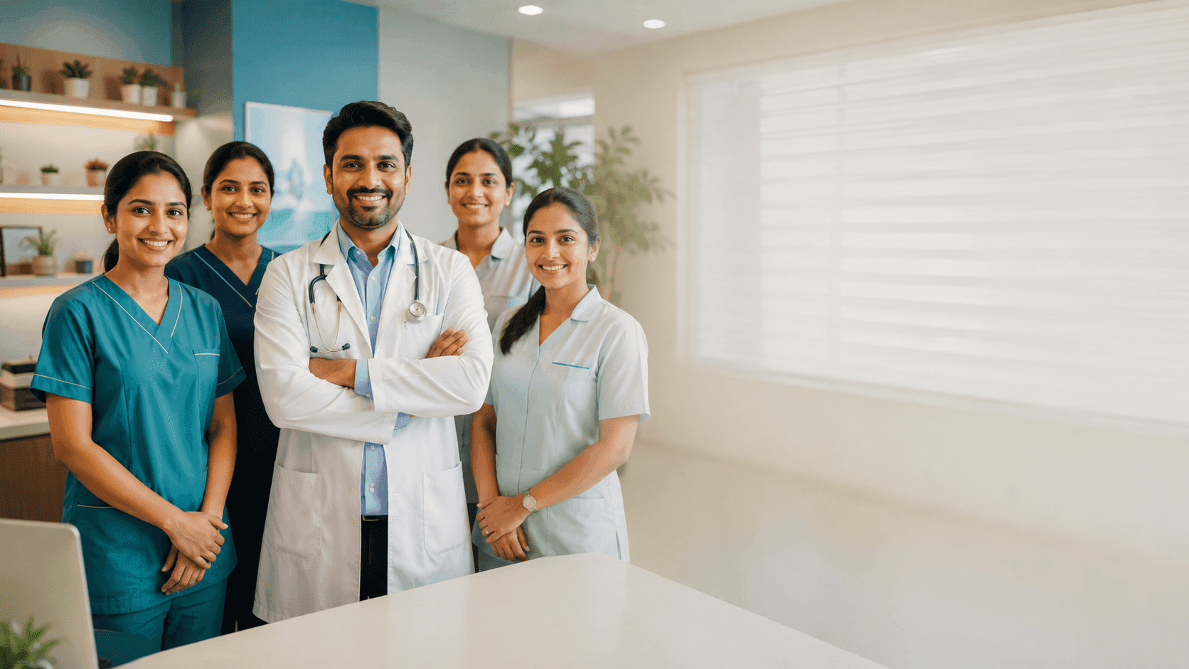 A small Indian clinic team smiling together