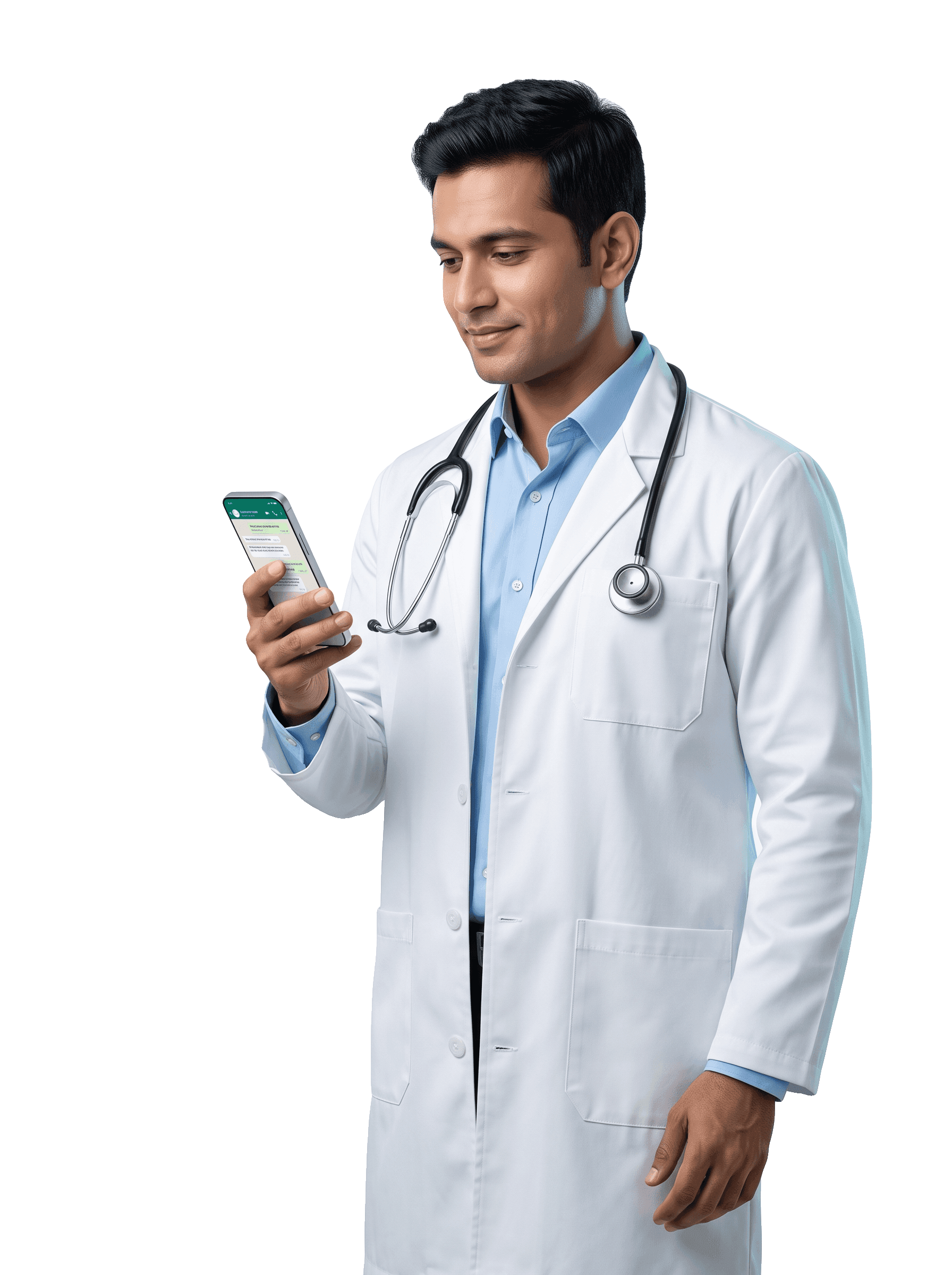 Indian doctor reviewing a WhatsApp conversation with a patient
