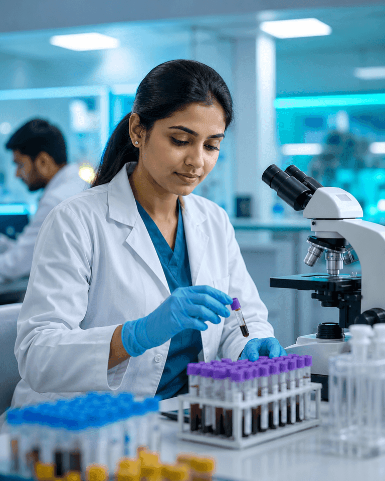 Lab technician working with samples near a microscope