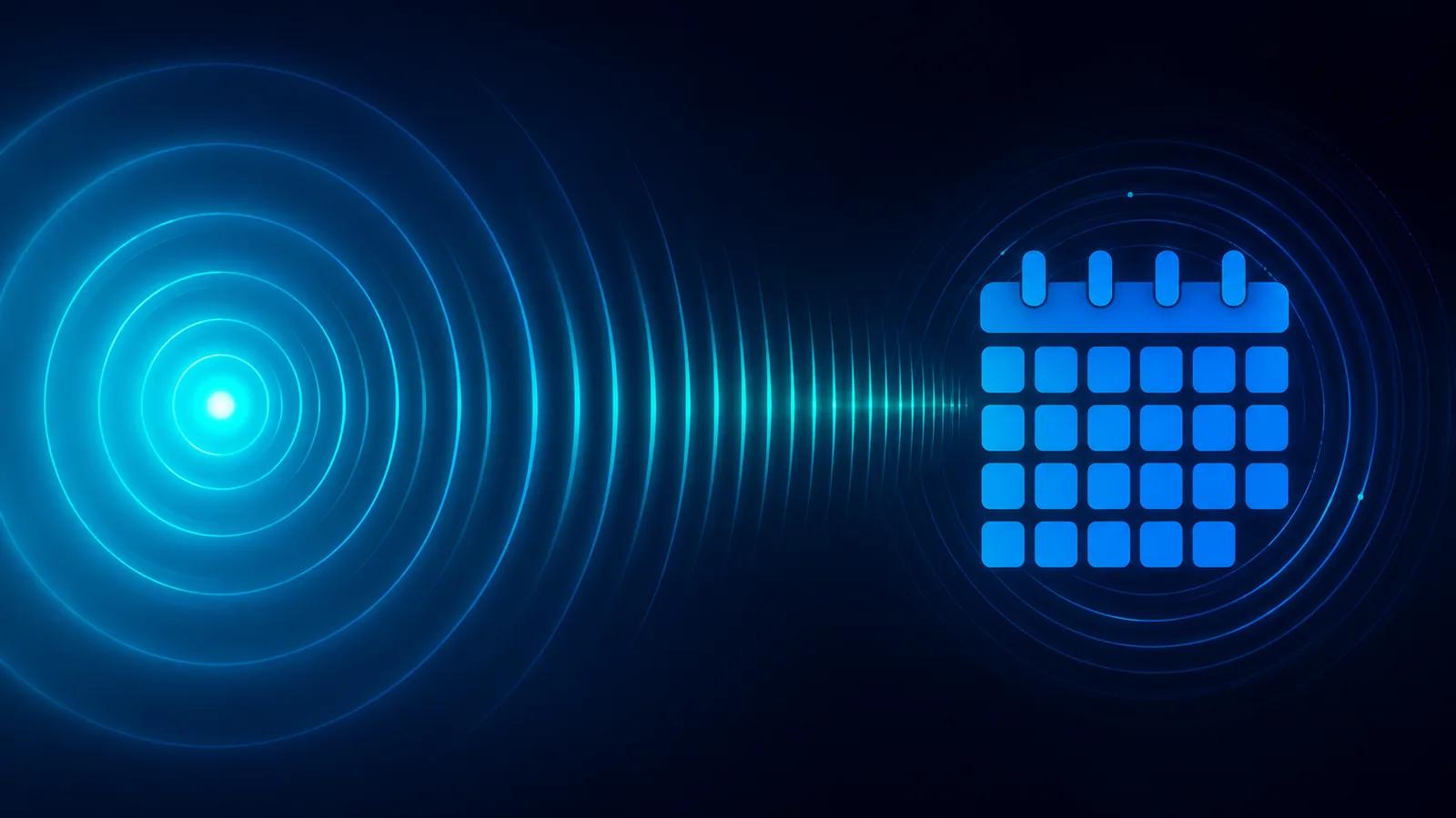 Illustration: a sound waveform entering a glowing circle and leaving as a structured appointment block.