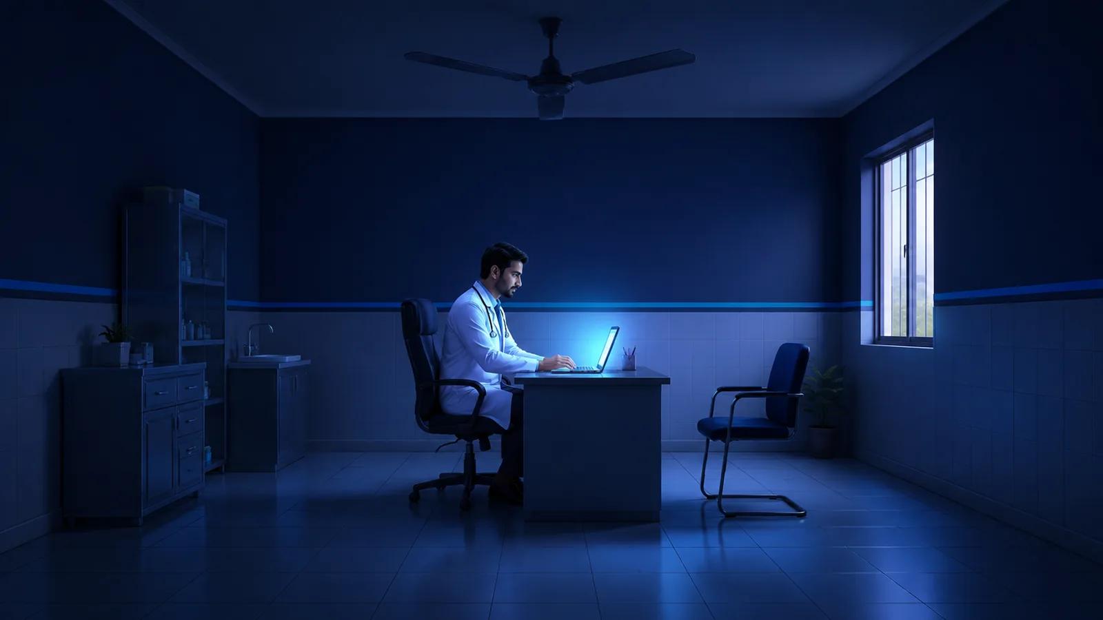 Illustration: a single small clinic room outline connected to one compact record panel.