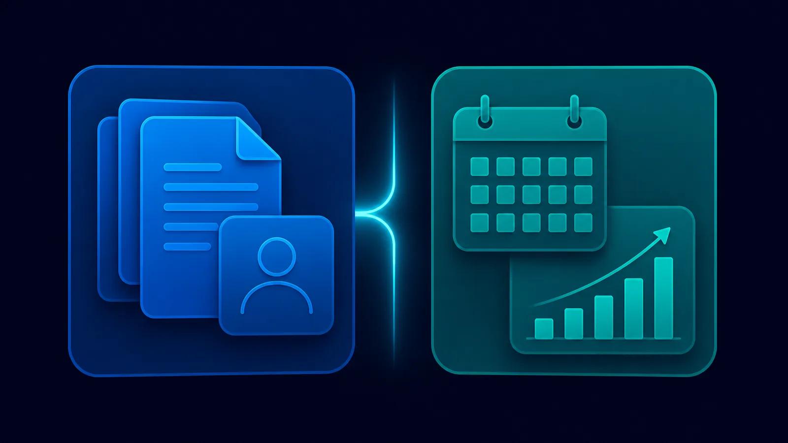 Illustration: two linked panels side by side, one holding a clinical record and one holding a schedule and invoice.