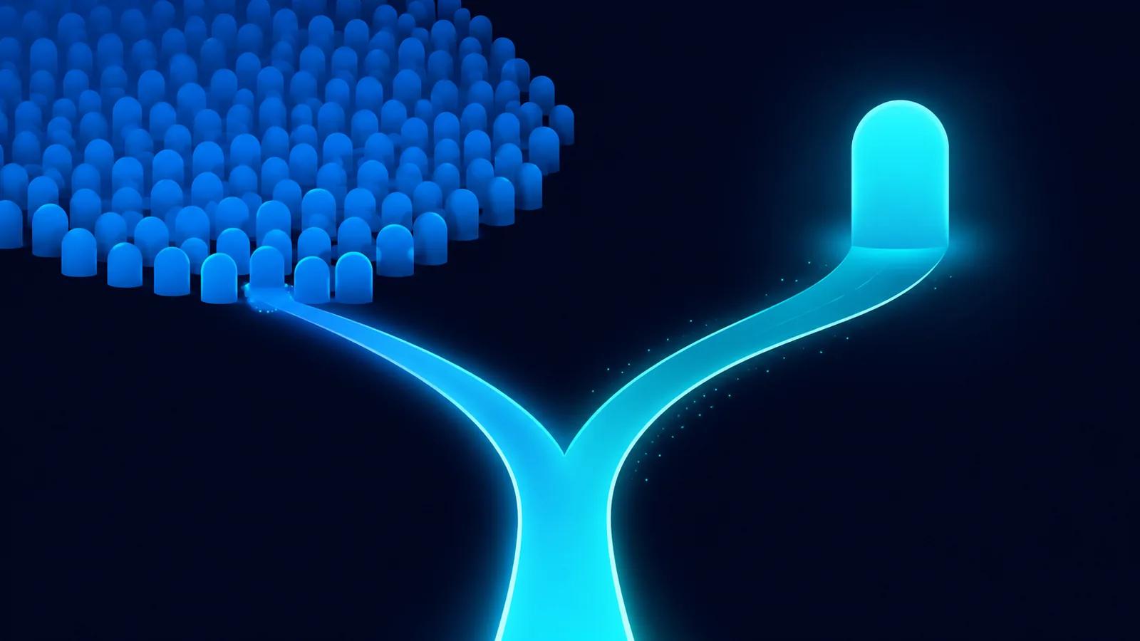 Illustration: a dense crowd of identical shapes on one side and a single distinct glowing shape on the other, with a path forking between them.